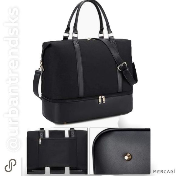 Travel Weekender Bag Overnight Travel Tote Luggage Black with shoe compartment - Picture 4 of 4